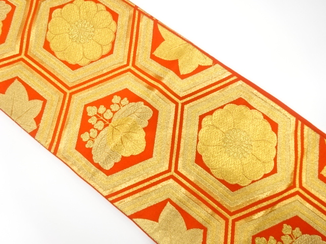 JAPANESE KIMONO / ANTIQUE FUKURO OBI / WOVEN KIKU & PAULOWNIA